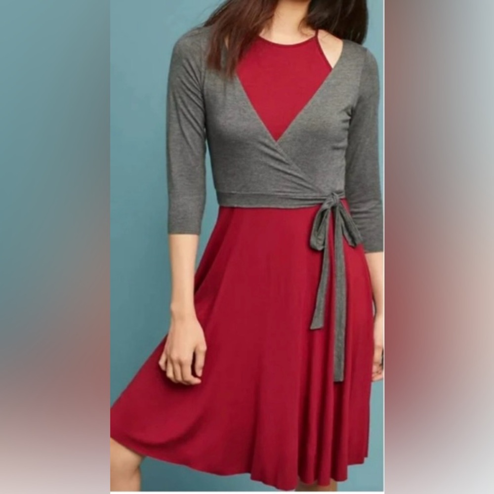 Bailey 44 Red High-Neck Fitted Midi with Gray Side-Tie Cardigan
